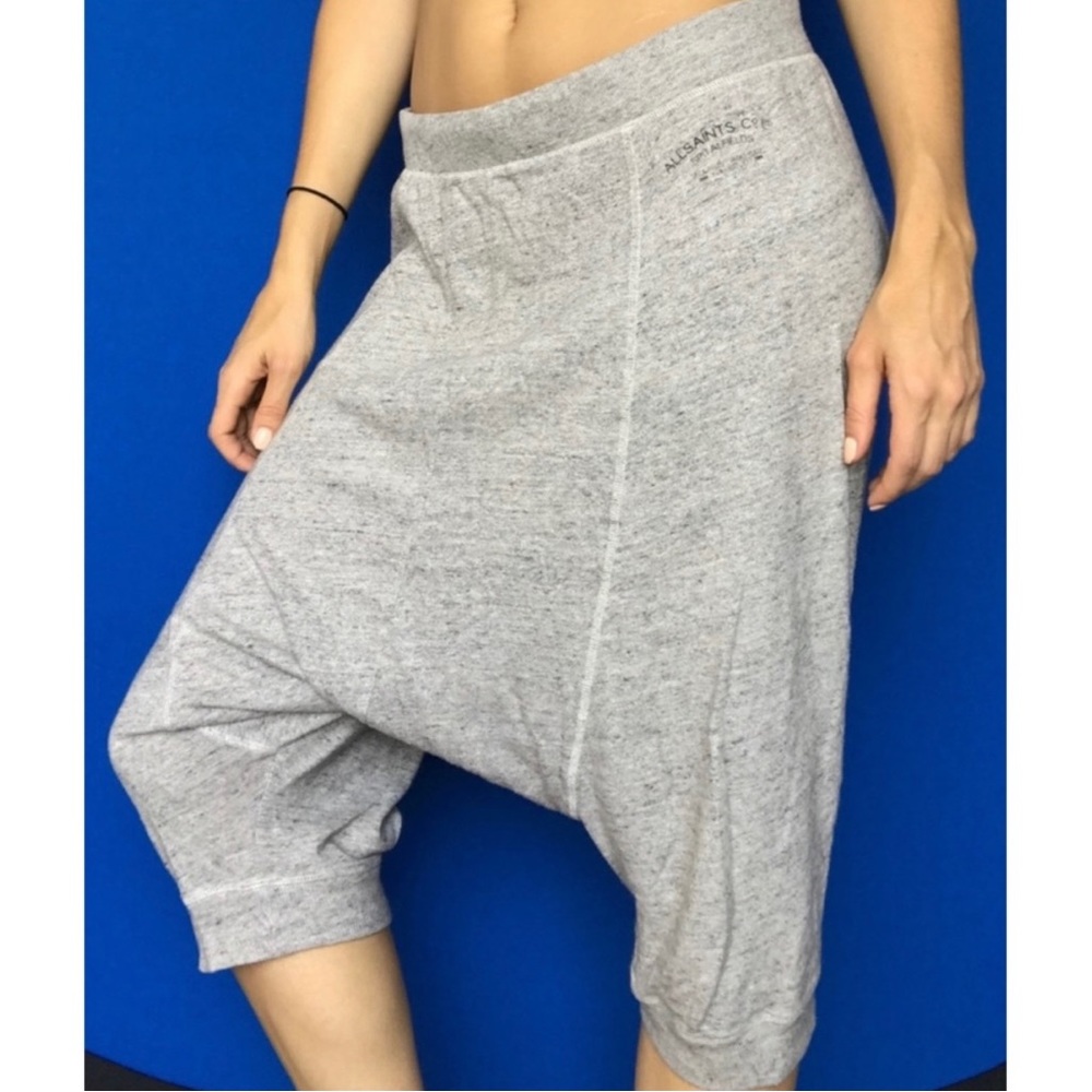 all saints spitalfields stretchy grey harem capri-length shorts, size 10